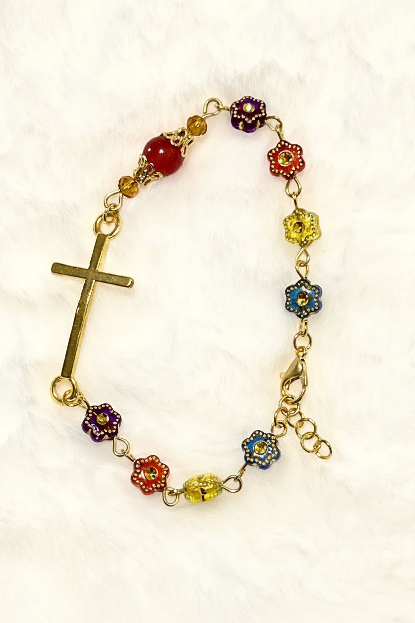 Rainbow Flower Glass 3-Piece Rosary, Bracelet & Keychain Gift Set