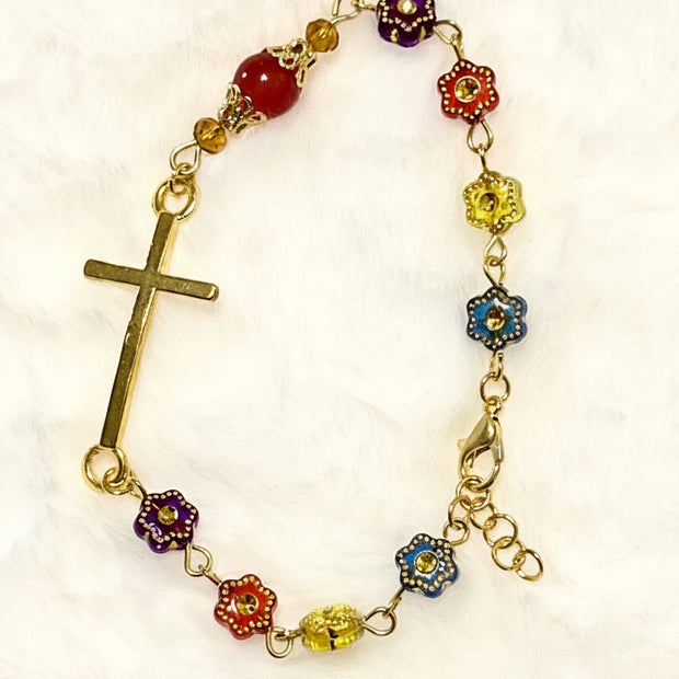 Rainbow Flower Glass 3-Piece Rosary, Bracelet & Keychain Gift Set