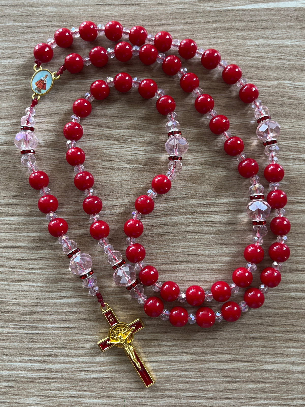 Vibrant Red Glass & Pink Crystal Traditional Rosary - Red Enamel Gold Cross