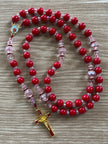 Vibrant Red Glass & Pink Crystal Traditional Rosary - Red Enamel Gold Cross