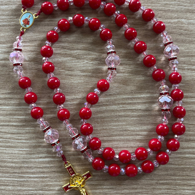Vibrant Red Glass & Pink Crystal Traditional Rosary - Red Enamel Gold Cross