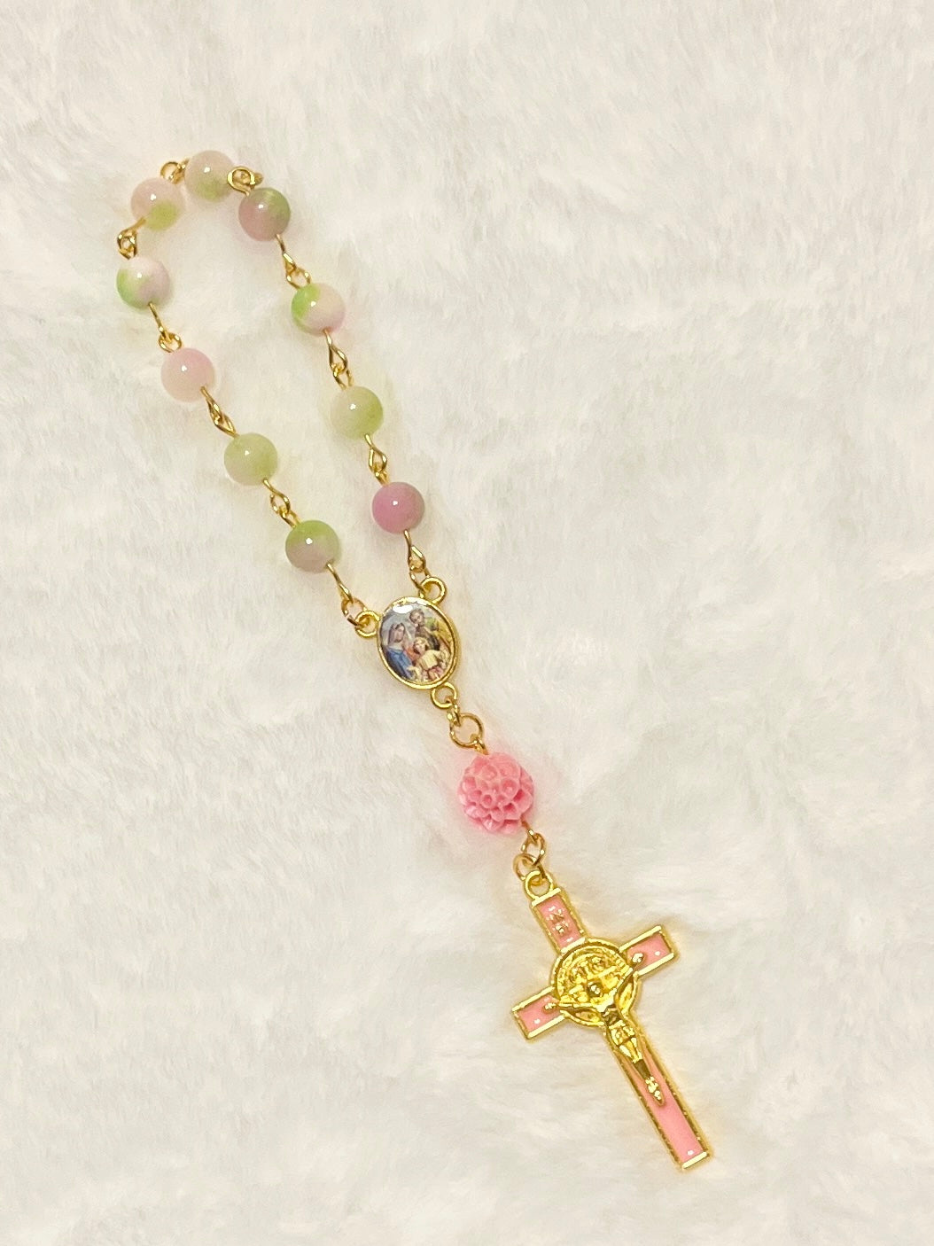 Julianna's Collection: Pastel Chalcedony Pocket Rosary - Pink Rose Bead