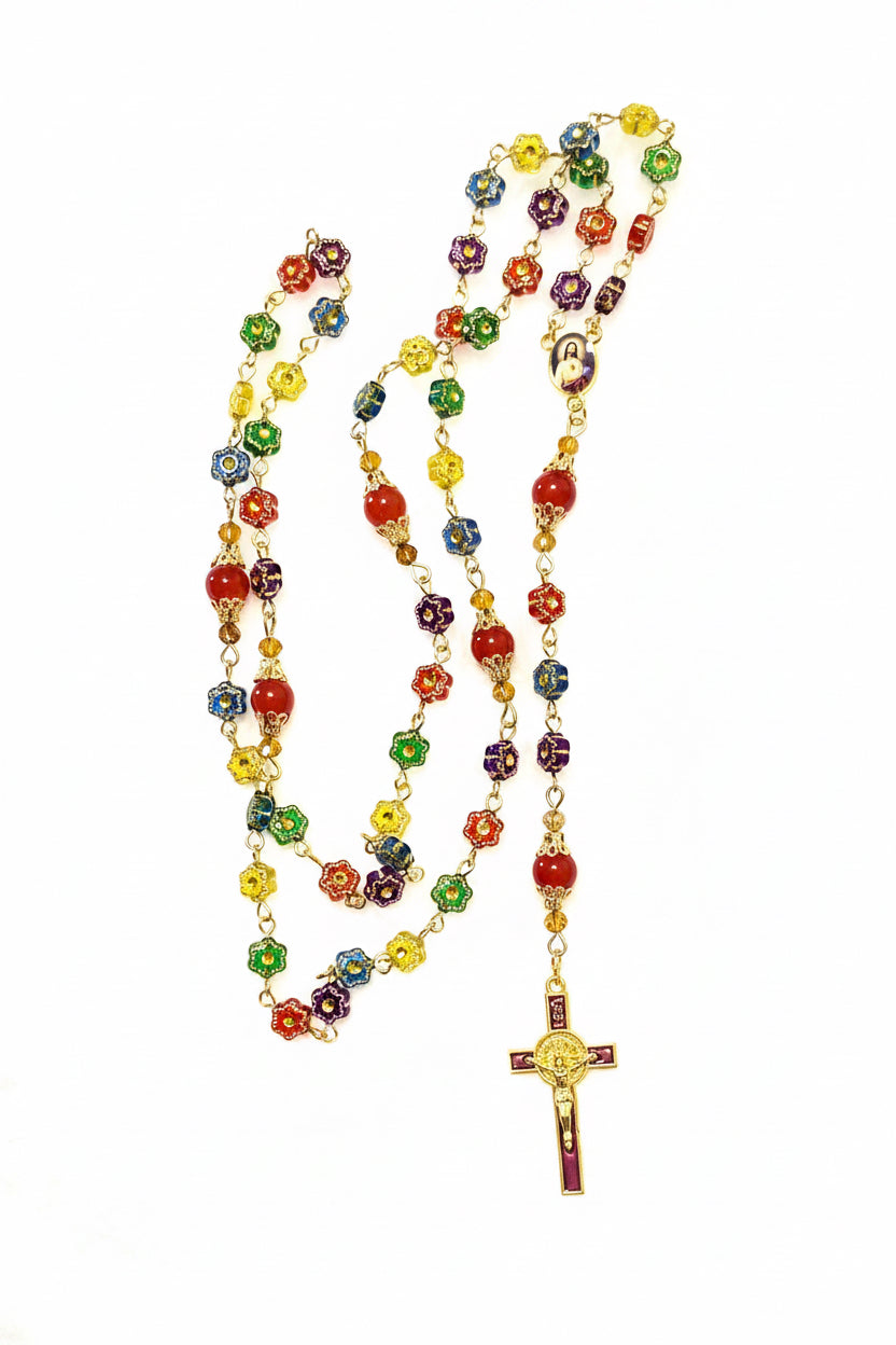 Rainbow Flower Glass 3-Piece Rosary, Bracelet & Keychain Gift Set