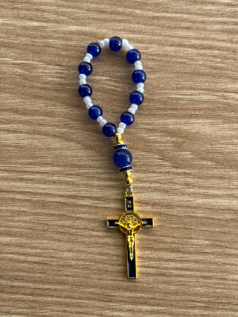 Cobalt Blue & White Glass Pocket Rosary - Blue Enamel Gold Cross