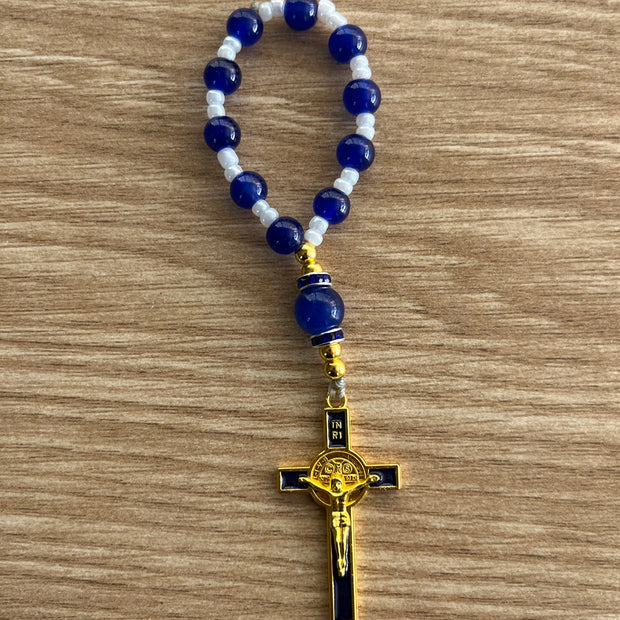 Cobalt Blue & White Glass Pocket Rosary - Blue Enamel Gold Cross