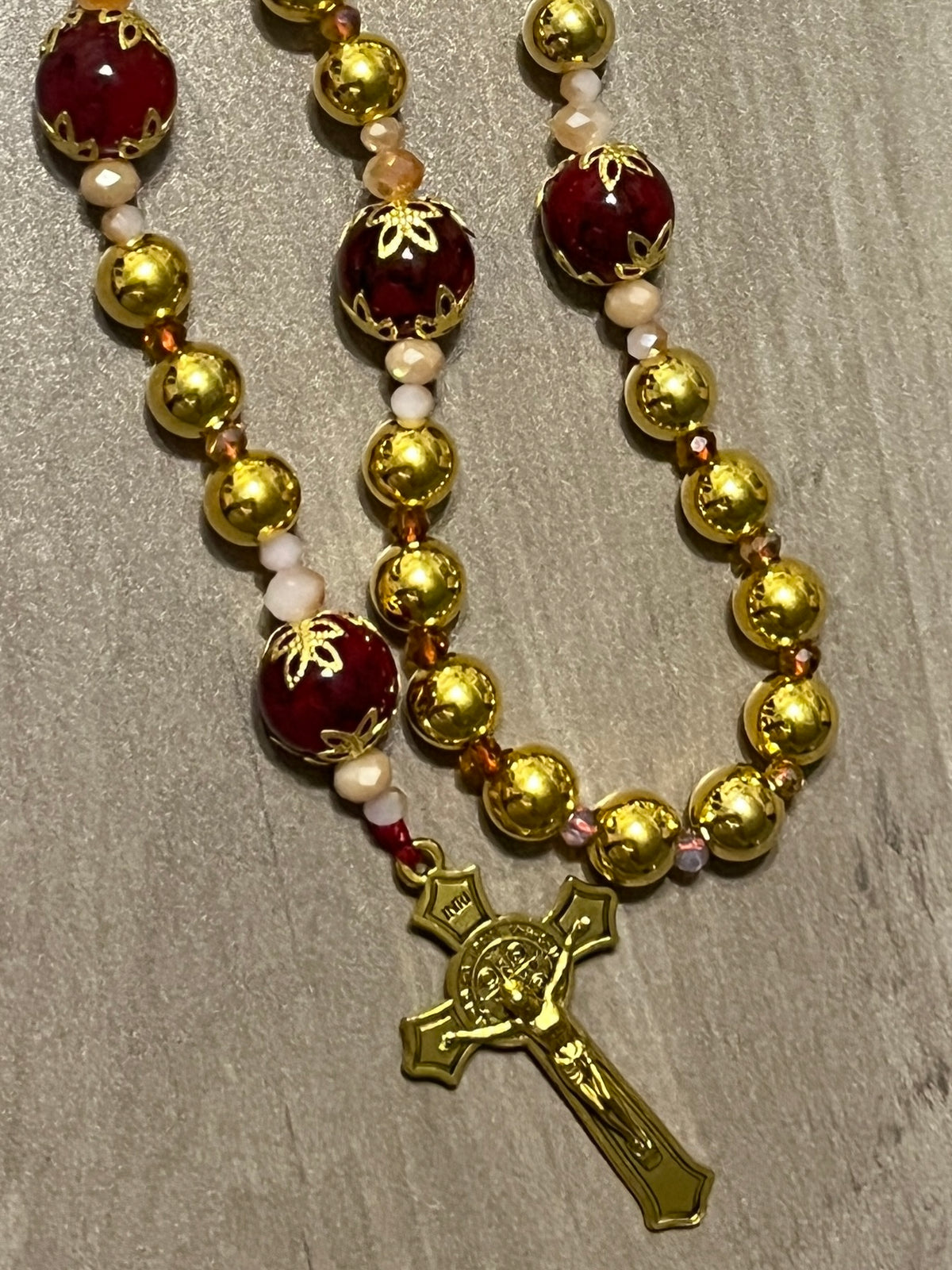 Gold-Plated Hail Mary & Crimson Glass Traditional Rosary