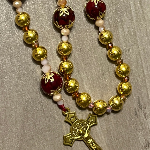Gold-Plated Hail Mary & Crimson Glass Traditional Rosary