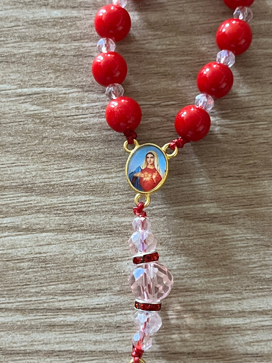 Vibrant Red Glass & Pink Crystal Pocket Rosary - Red Enamel Gold Cross