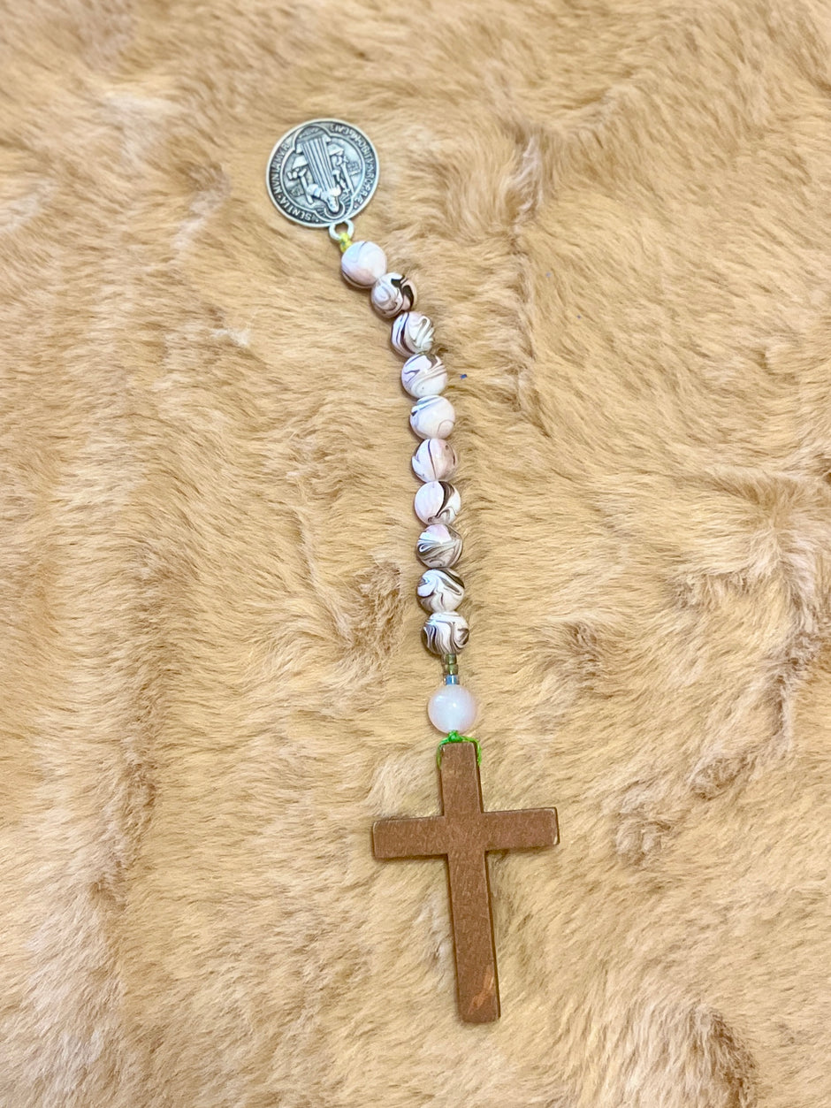 Assorted Marble & Candy Swirl Pocket Rosary - Wood Cross