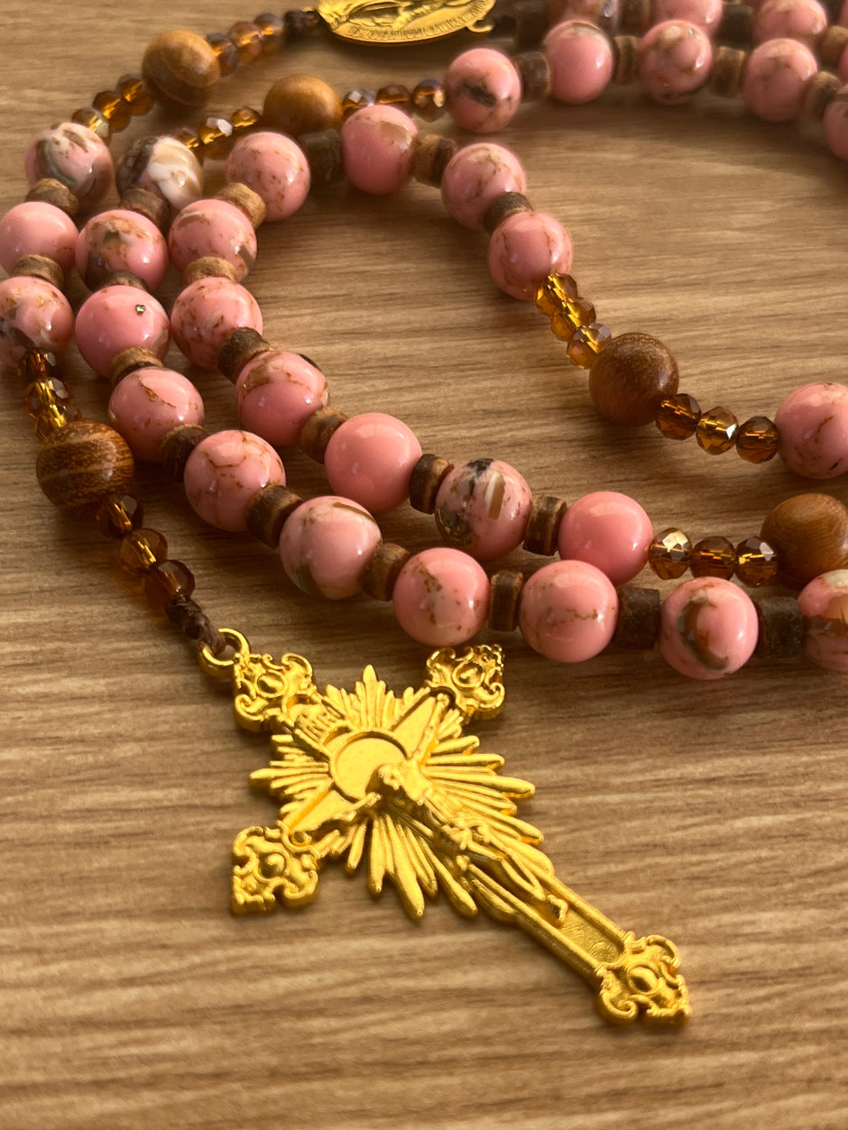Pink Rhodonite Stone & Natural Wood Traditional Rosary