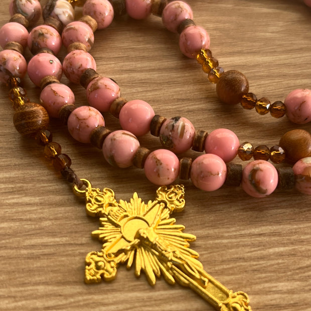 Pink Rhodonite Stone & Natural Wood Traditional Rosary