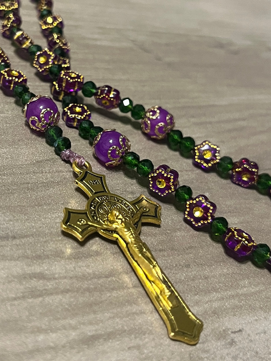 Royal Purple Flower & Emerald Crystal Traditional Rosary
