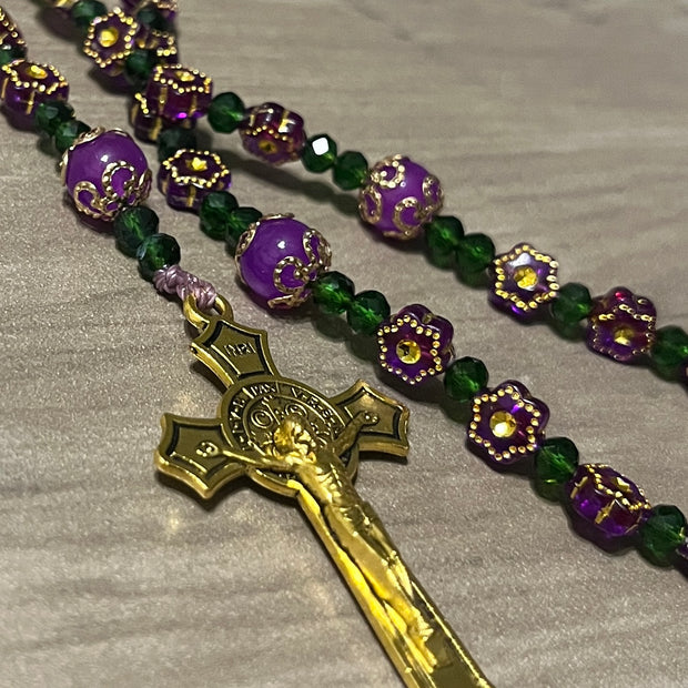 Royal Purple Flower & Emerald Crystal Traditional Rosary