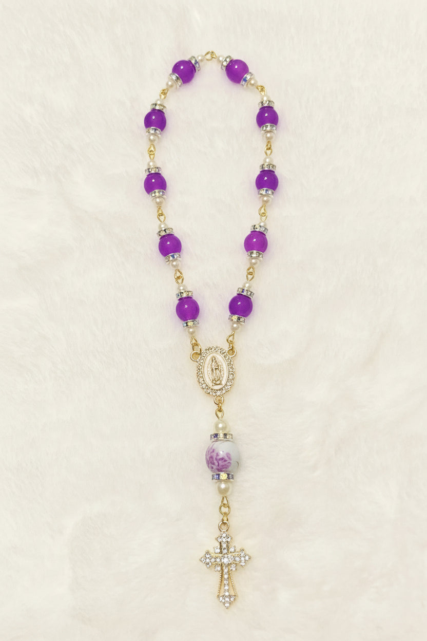 Royal Purple Glass & Floral Porcelain Pocket Rosary