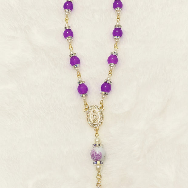 Royal Purple Glass & Floral Porcelain Pocket Rosary