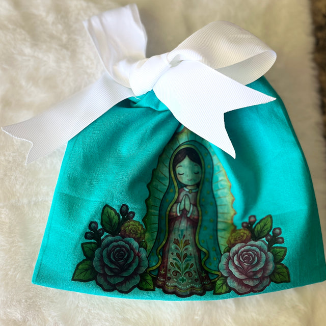 Our Lady of Guadalupe Teal Fabric Rosary Pouch & Gift Bag