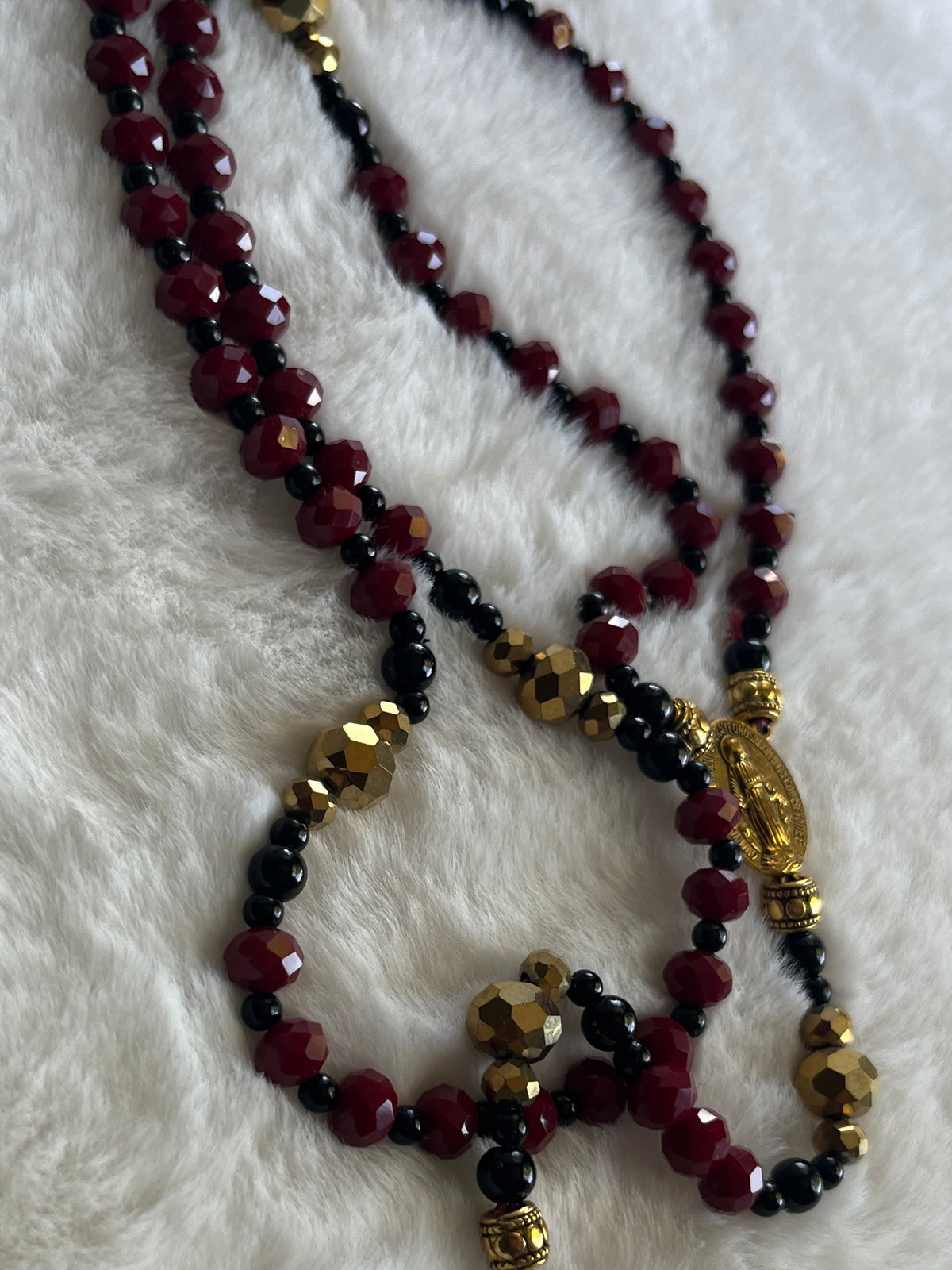 Crimson & Jet Black Crystal Traditional Rosary - Gold Baroque Cross