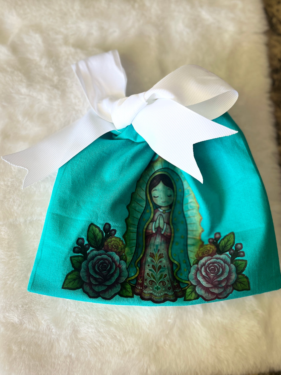 Our Lady of Guadalupe Teal Fabric Rosary Pouch & Gift Bag