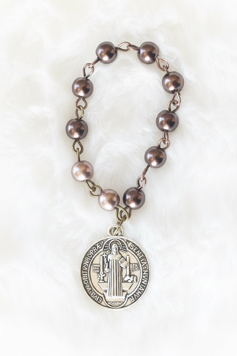 St. Benedict Pearl Mini Finger Rosary Ring - Pick Your Color