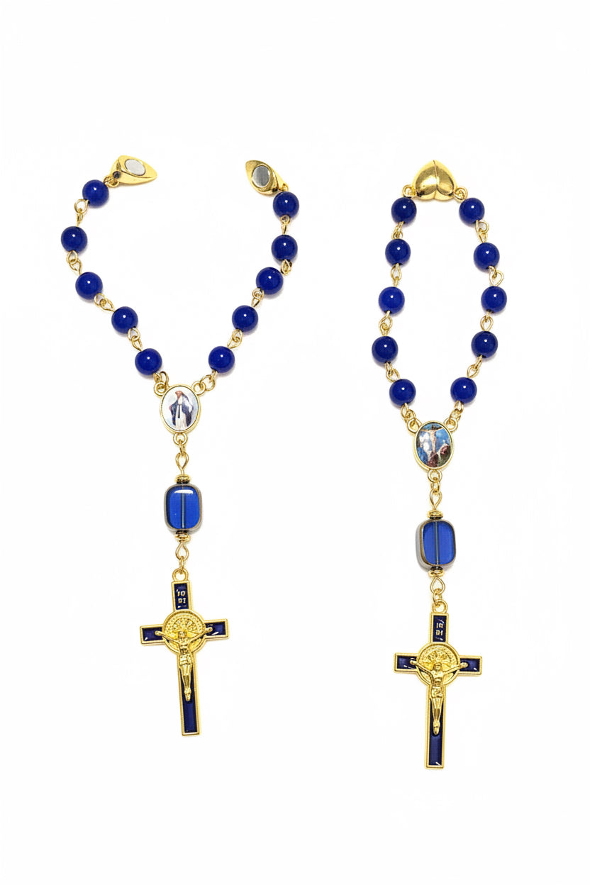 Cobalt Blue Glass Pocket Rosary - Magnetic Clasp & Blue Enamel Cross