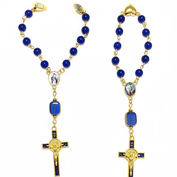 Cobalt Blue Glass Pocket Rosary - Magnetic Clasp & Blue Enamel Cross