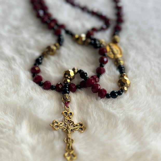 Crimson & Jet Black Crystal Traditional Rosary - Gold Baroque Cross