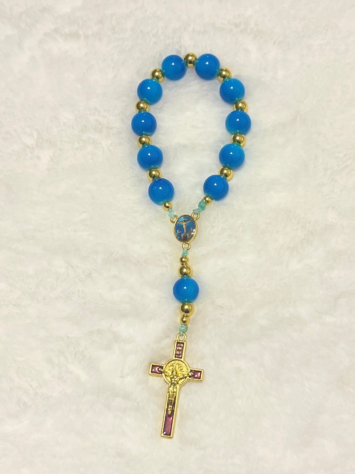 Sky Blue Glass Pocket Rosary - Maroon Enamel Gold Crucifix