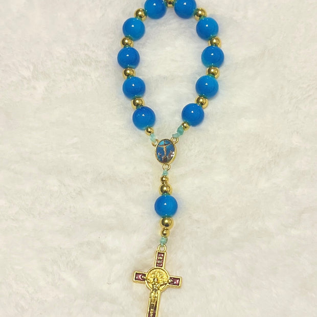 Sky Blue Glass Pocket Rosary - Maroon Enamel Gold Crucifix