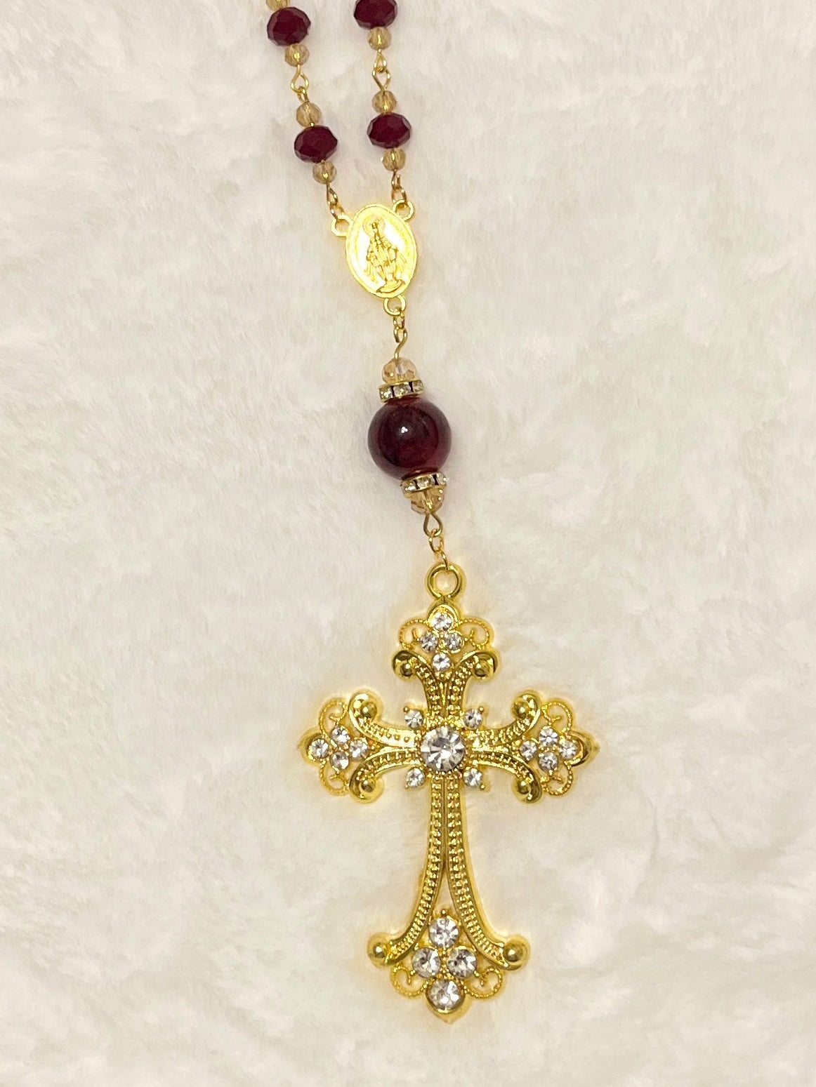 Maroon Crystal Pocket Rosary - Oversized Gold Rhinestone Crucifix