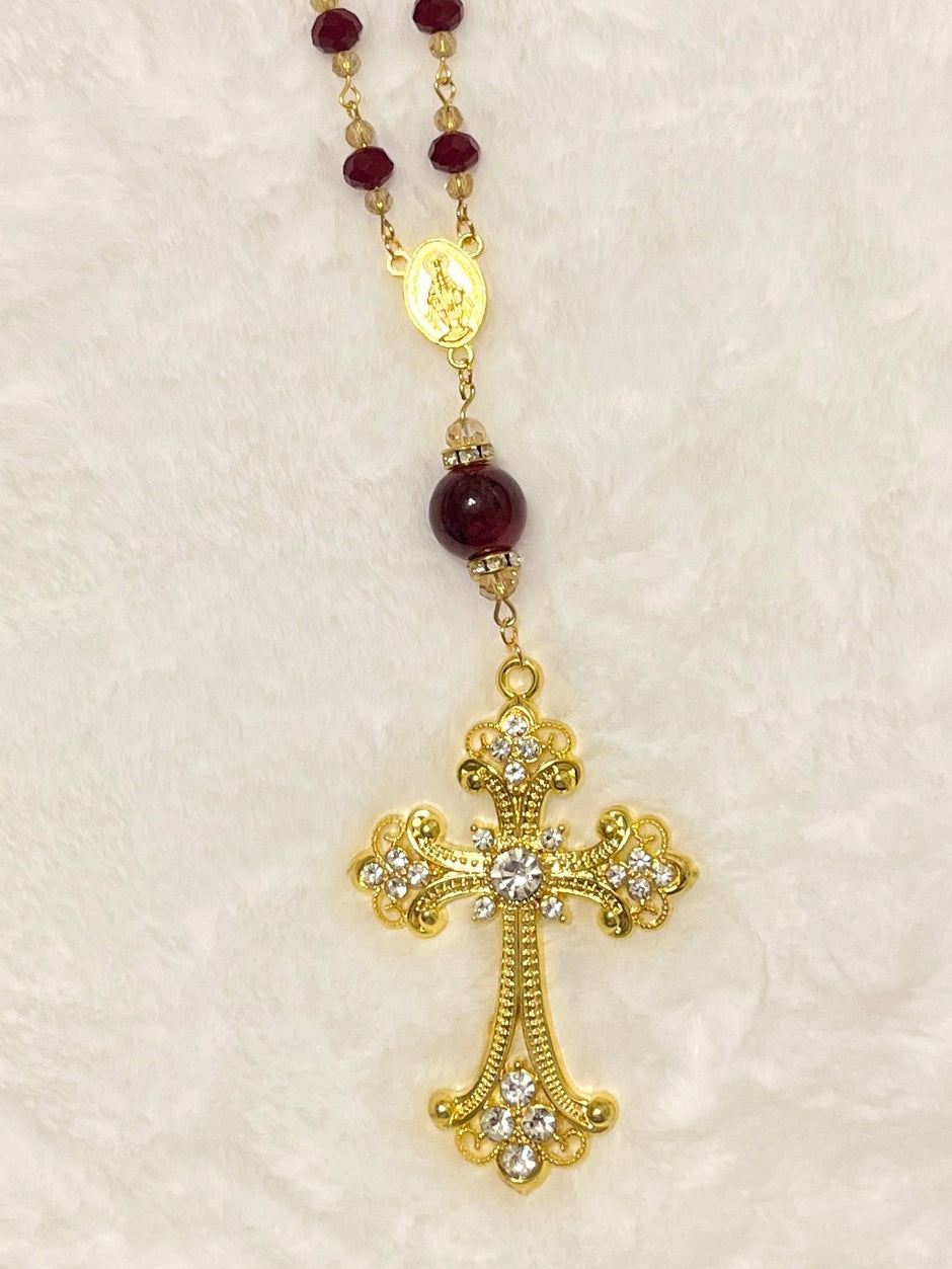 Maroon Crystal Pocket Rosary - Oversized Gold Rhinestone Crucifix