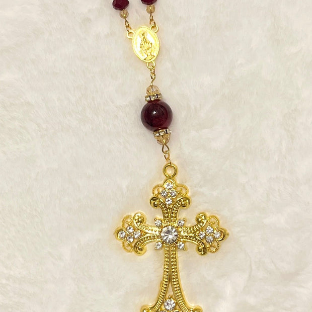 Maroon Crystal Pocket Rosary - Oversized Gold Rhinestone Crucifix