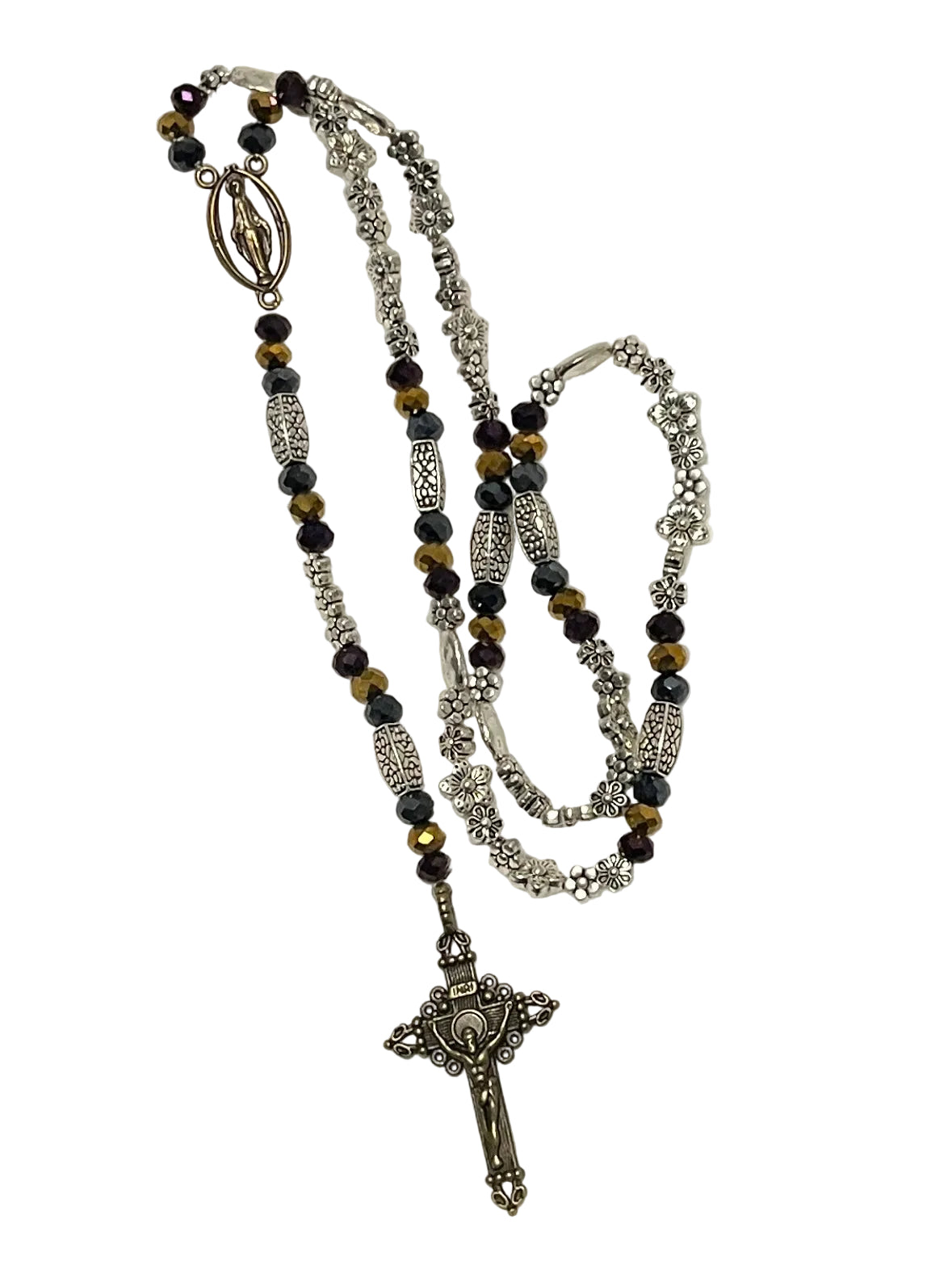 Handcrafted 5-decade mixed metal rosary with charcoal, brass, and dark purple rondelle glass beads, a brass Miraculous Medal, and a crucifix.