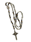 Handcrafted 5-decade mixed metal rosary with charcoal, brass, and dark purple rondelle glass beads, a brass Miraculous Medal, and a crucifix.