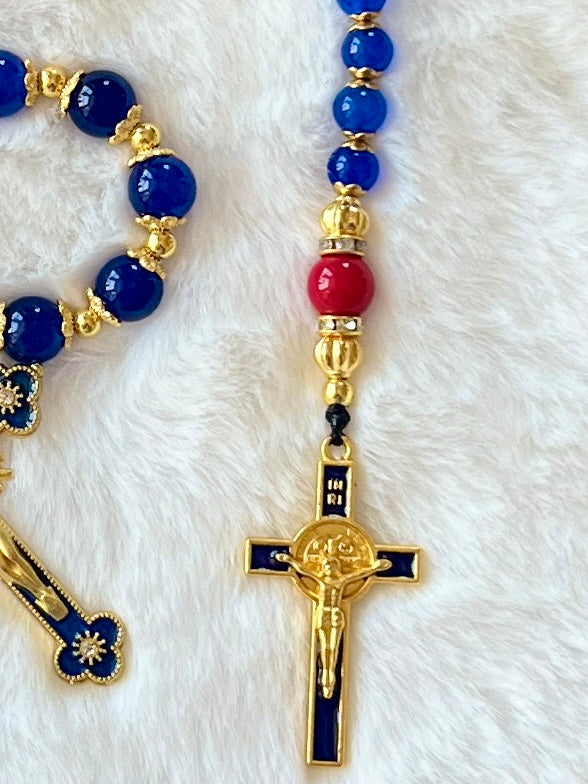  Handcrafted 3-piece Catholic gift set featuring a full 5-decade cobalt glass rosary, a matching gold heart clasp keychain, and a coordinated gold cross bracelet.