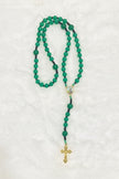 Handcrafted compact 5-decade green glass bead rosary featuring a St. Jude center medal and a sunburst crucifix. Portable design, ideal for handheld prayer.