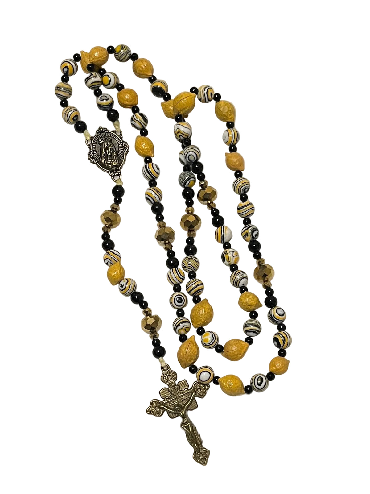 Handcrafted 5-decade yellow wooden lemon bead rosary with patterned accents, an Immaculate Heart of Mary center, and a St. Alphonsus crucifix.