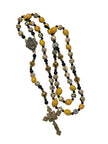 Handcrafted 5-decade yellow wooden lemon bead rosary with patterned accents, an Immaculate Heart of Mary center, and a St. Alphonsus crucifix.